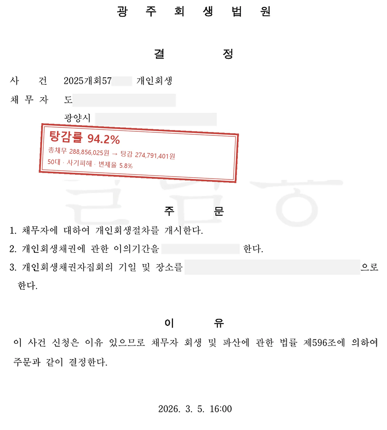 사기피해 개인회생 인가 사례 — 탕감률 94.2%