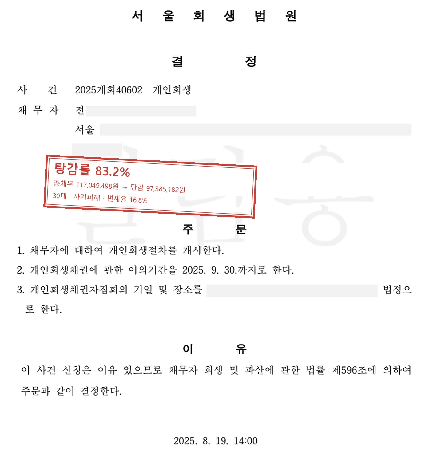 사기피해 개인회생 인가 사례 — 탕감률 83.2%