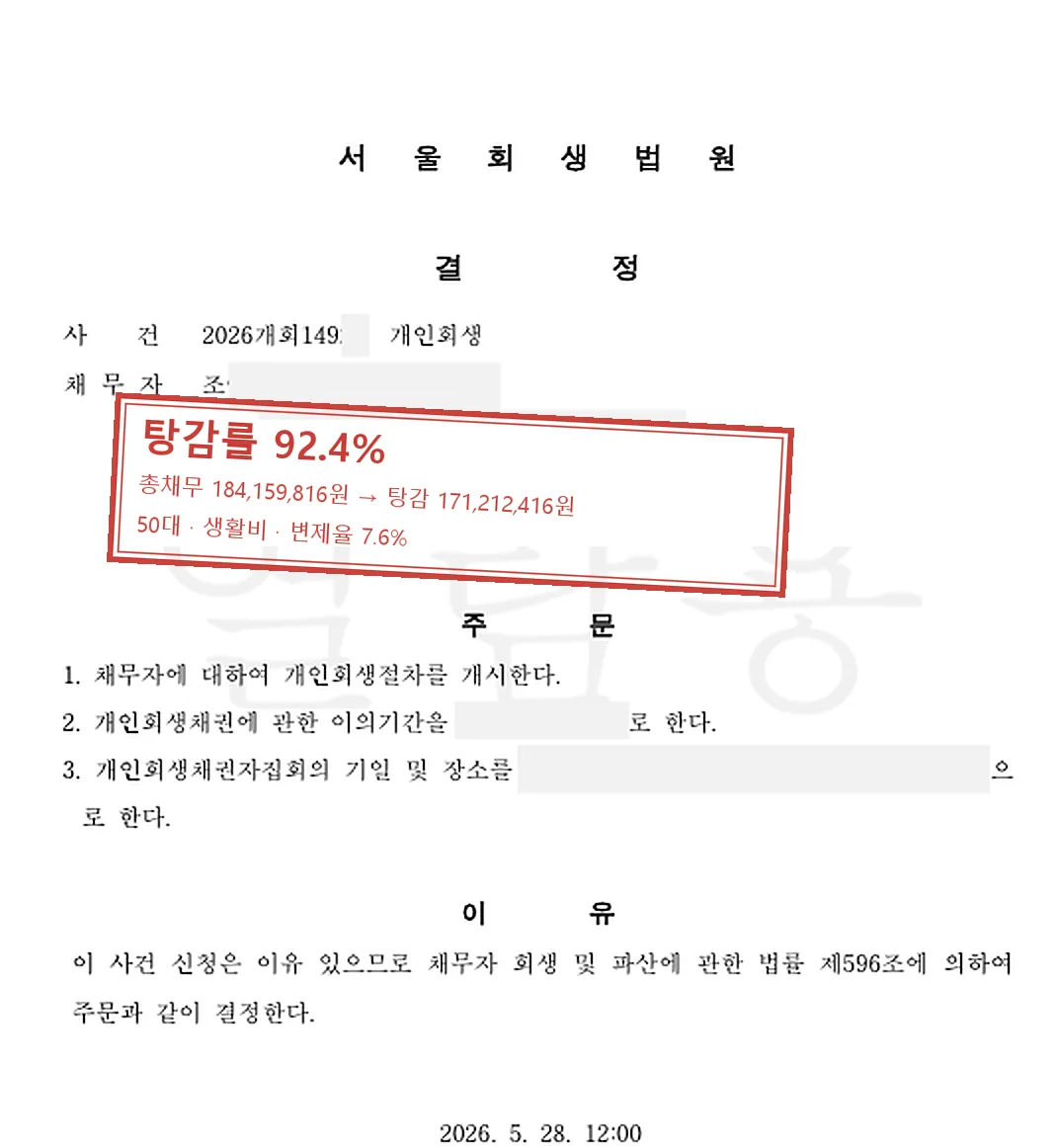 생활비 개인회생 인가 사례 — 탕감률 92.4%