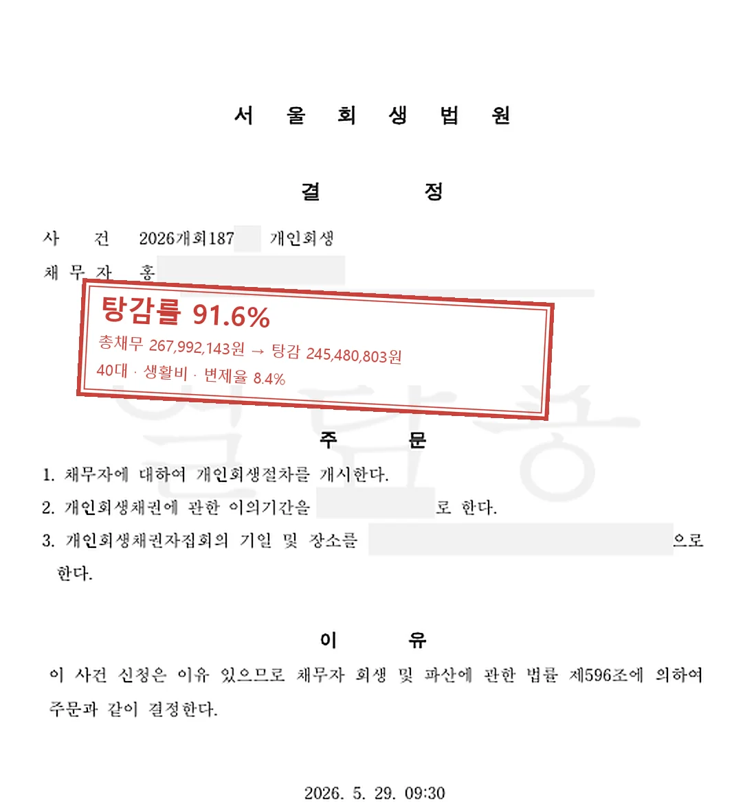 생활비 개인회생 인가 사례 — 탕감률 91.6%