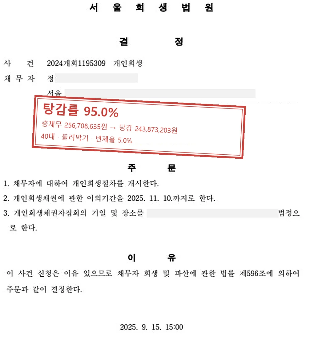 돌려막기 개인회생 인가 사례 — 탕감률 95.0%